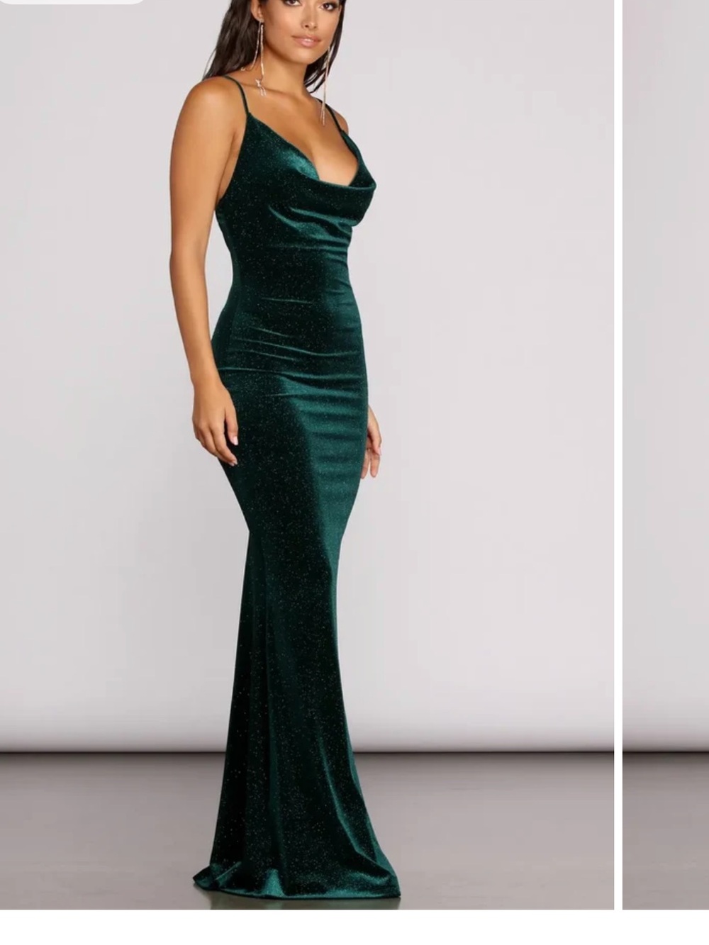 Sparkle Emerald Green Cowl Neck Gown with Side Slit - Picture 3 of 4